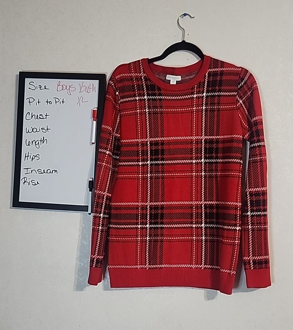 Charter Club Youth Boys Sweater sz XL Red Plaid Crew Neck Knit Christmas